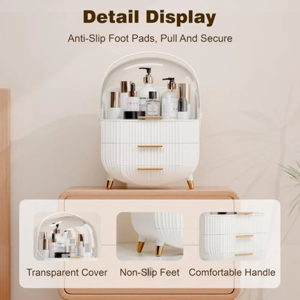 Makeup Organizer with Lid & Drawers, White Vanity Storage for Skincare & More